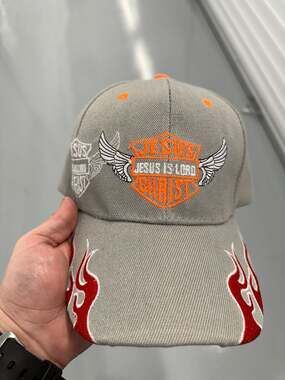 Jesus Is Lord Christian Biker Style Flame Embroidered Hat Gray/Orange